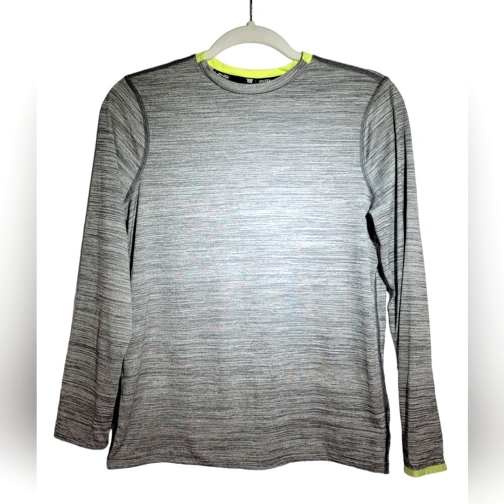 Tek Gear DryTek Long Sleeve Heather Grey with Neon Yellow Trim Size Large 14-16